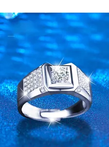Macro detail of adjustable S925 sterling silver men's ring with square moissanite setting