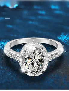 Macro view of 3EX cut moissanite ring with halo setting and 58 facets on silver band