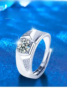 Macro shot of s925 silver men's ring with large moissanite and micro-pave diamond sides