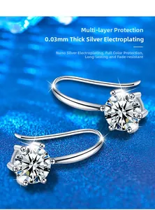 Detail of 925 sterling silver earring with six-prong set moissanite on blue background