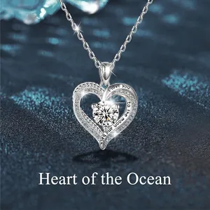S925 Sterling Silver Heart Pendant Necklace With Moissanite I Love You To The Moon And Back Lettering Blue Rhinestone Chain Jewelry Gift