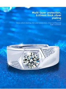 Detailed view of S925 sterling silver men's ring with large moissanite on blue background