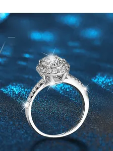 Close-up of S925 sterling silver halo ring with a round moissanite on a starry background