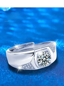Macro shot of S925 sterling silver men's ring with Moissanite and four-prong setting
