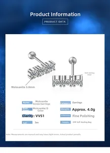 Macro detail of S925 sterling silver screw earrings featuring 3.0mm Moissanite stones