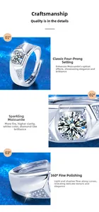Macro detail of men's S925 sterling silver moissanite ring with classic four-prong setting