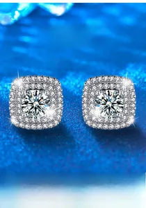 Macro shot of S925 silver sugar cube stud earrings with moissanite cluster inlay
