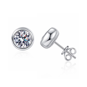 Classic S925 sterling silver stud earrings with bezel-set moissanite in a round design