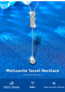 Detail of S925 silver tassel necklace featuring sparkling moissanite stones and drop chain