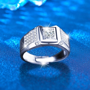 Adjustable S925 sterling silver men's ring with a moissanite center stone and pave accents