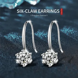 Classic Six-Prong Crown Moissanite Earrings 925 Sterling Silver Ear Hook D Color VVS1 Elegant Dangle Jewelry With GRA Certificate For Women