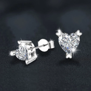 Elegant heart-shaped moissanite stud earrings in 925 sterling silver with 3-claw setting