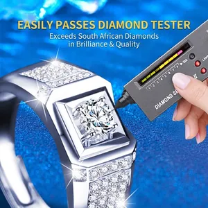 925 silver adjustable men's ring featuring a large moissanite center stone and pave setting