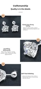 Vue macro de boucles d'oreilles moissanite en argent 925 avec serti classique à 4 griffes