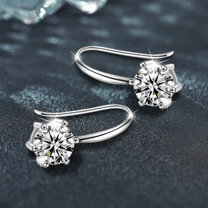 Classic six-prong 925 sterling silver hook earrings with round brilliant-cut moissanite
