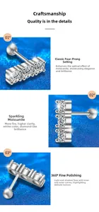 Detailed views of moissanite earrings with four-prong setting and s925 silver finish