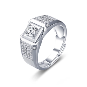 Adjustable 925 sterling silver men's square ring with moissanite and micro-pave diamonds
