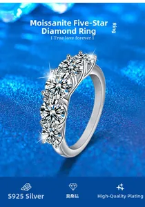 Macro shot of S925 sterling silver ring with five brilliant moissanite diamonds