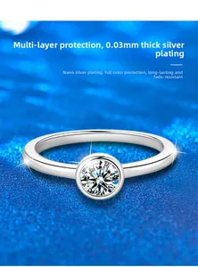 Detail of round cut solitaire ring with 0.03mm silver plating on a sparkling blue background