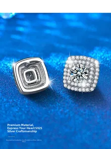 Macro shot of S925 sterling silver square halo stud earrings with round moissanite center