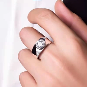 Men's S925 sterling silver ring with large round moissanite and black enamel accents