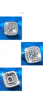 Detailed views of moissanite earrings with four-prong setting and halo design in 925 silver