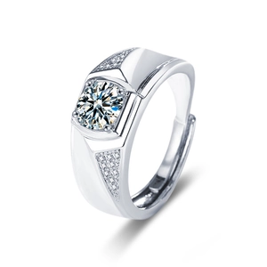 Men's S925 sterling silver moissanite ring with adjustable band and geometric design
