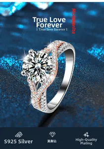 Detail of S925 silver moissanite ring with two-tone rose gold crisscross band