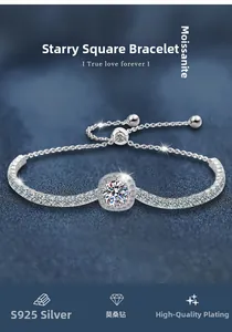 Close-up of 925 silver bracelet featuring moissanite main stone and adjustable chain