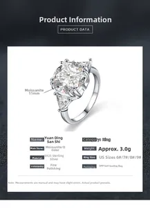 Detail specifications of 11mm Moissanite silver ring with S925 material and size guide