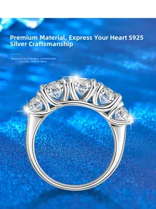 Detailed view of S925 sterling silver ring with five round brilliant-cut stones in prong setting