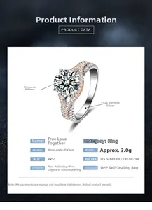 Detailed product specifications for S925 sterling silver moissanite ring showing 8mm D VVS1 stone