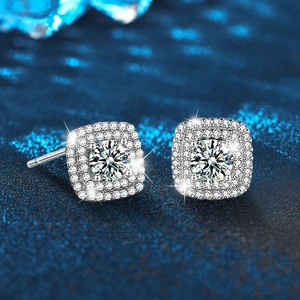 925 silver sugar cube stud earrings with double halo moissanite in a luxury setting