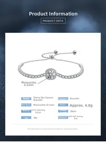 Detailed specs of S925 silver bracelet featuring a 6.5mm D-color Moissanite main stone