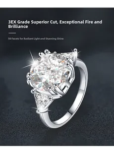 Detail of a 3EX cut silver moissanite ring with 58 facets and triangle side stones
