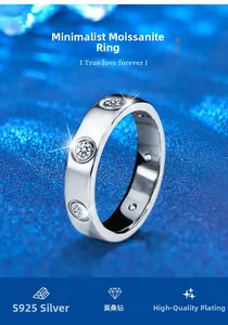Detailed view of S925 sterling silver ring with three moissanite stones on textured background