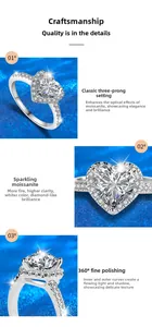 Macro detail of 925 sterling silver heart-shaped moissanite ring with halo setting