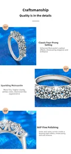 Detailed views of 925 silver moissanite ring showing 4-prong setting and high polish