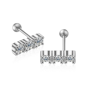 S925 Sterling Silver Screw-Back Earrings with Three Vertical Round Cut Zirconia Stones