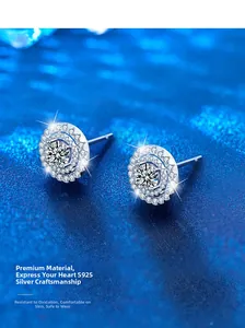 Macro view of S925 sterling silver halo earrings with double-layered round moissanite