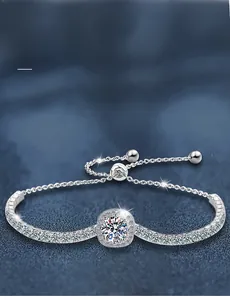 Macro detail of 925 silver moissanite bracelet with sparkling stones and adjustable clasp