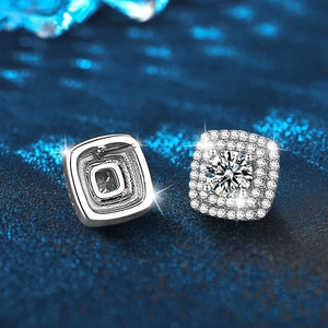 Elegant 925 sterling silver square moissanite stud earrings with a double halo design
