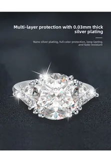 Macro detail of three-stone 925 silver ring with 5-carat brilliant cut moissanite center