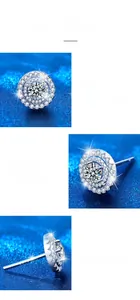 Macro details of round moissanite stud earrings featuring 4-prong S925 silver settings
