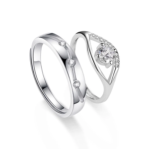 Moissanite 925 sterling silver couple rings with adjustable open band and polished finish