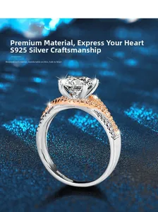 Close-up of S925 sterling silver moissanite ring with twisted two-tone gold band
