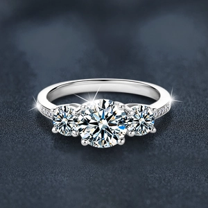 Elegant 925 sterling silver three-stone engagement ring with round moissanite accents
