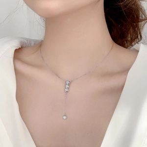 Elegant 925 sterling silver tassel necklace with vertical round zircon pendant for women