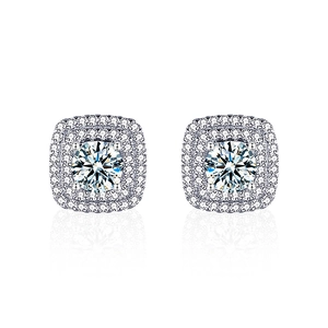 Elegant 925 sterling silver square halo stud earrings featuring sparkling moissanite stones