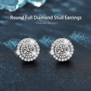 Luxury 925 Sterling Silver Moissanite Stud Earrings For Women Elegant Round Double Halo Rhinestone Fashion Jewelry Gift